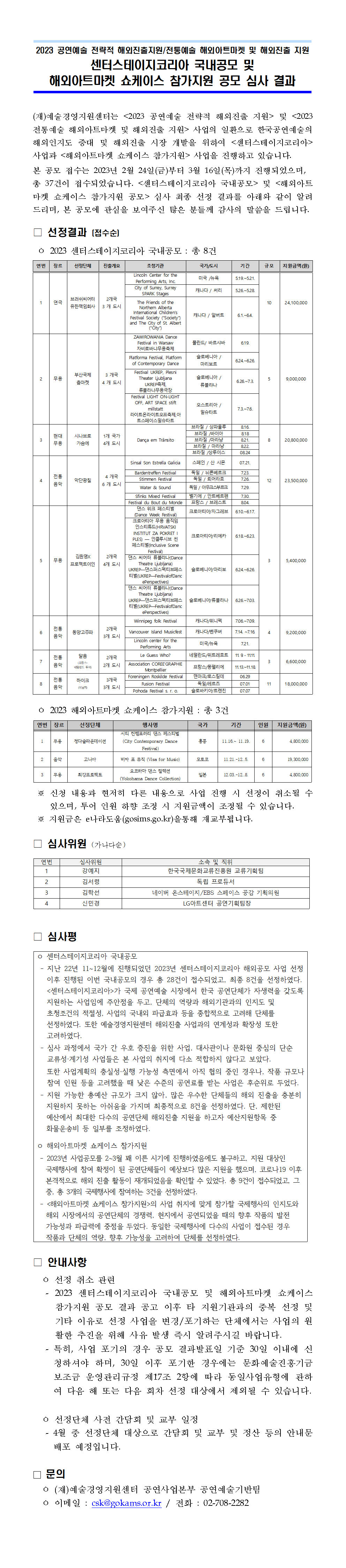 2023 센터스테이지코리아 국내공모 및 해외아트마켓 쇼케이스 참가지원 공모 심사 결과